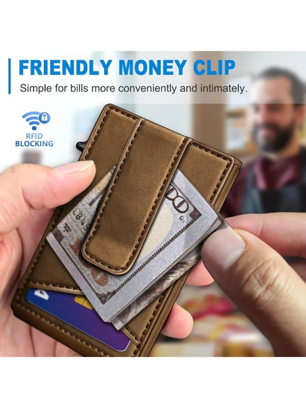 Men's RFID Blocking Money Clip Wallet - 9-Card Pop-Up Holder, ID Window